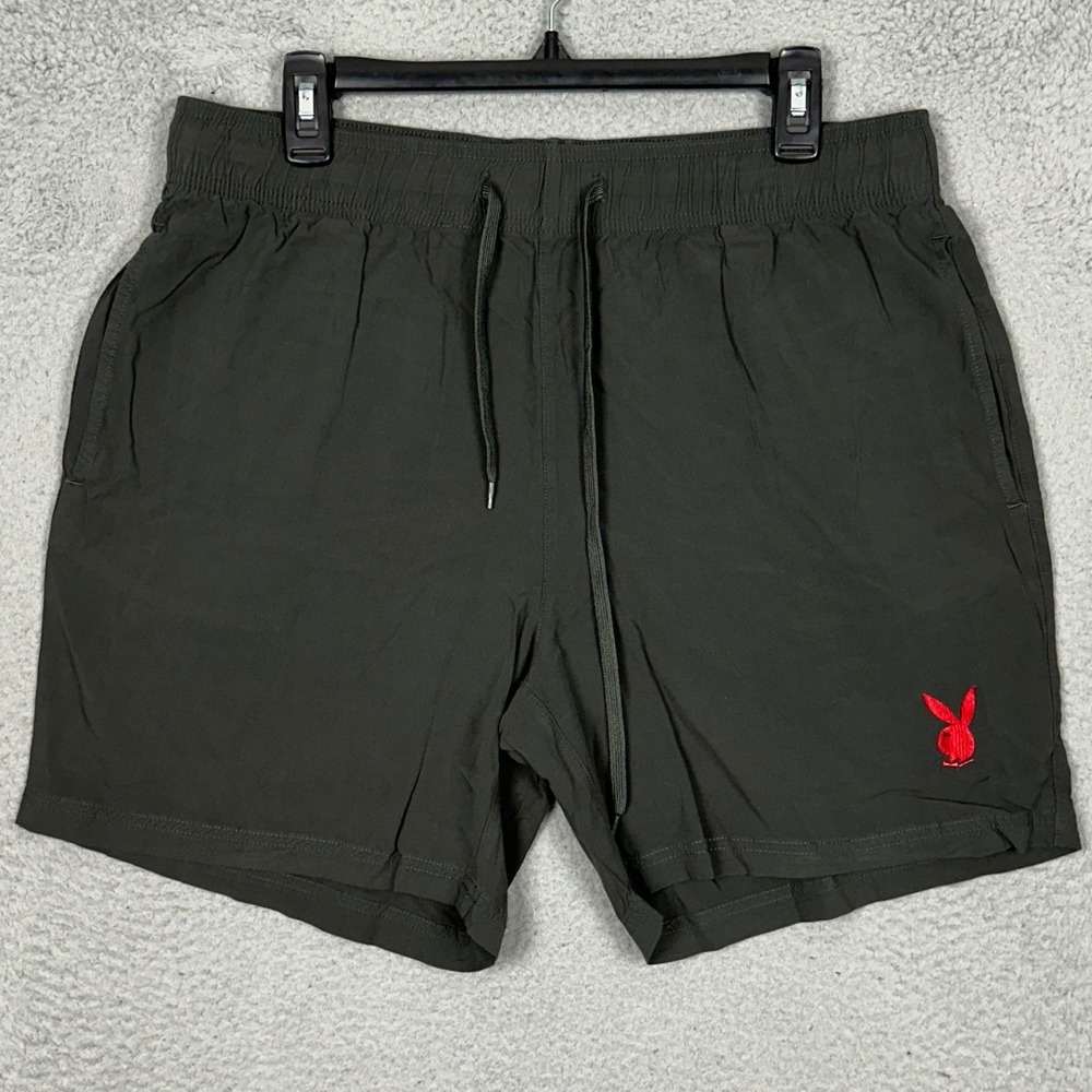 Playboy PacSun Shorts Mens Large Black Red Bunny Logo Athletic Stretch Waist EUC